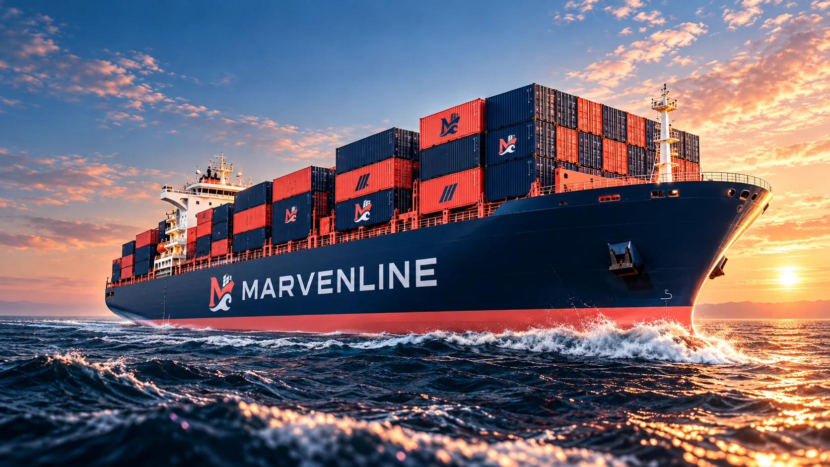 Montaje corporativo del buque MARVENLINE con contenedores azul marino y coral